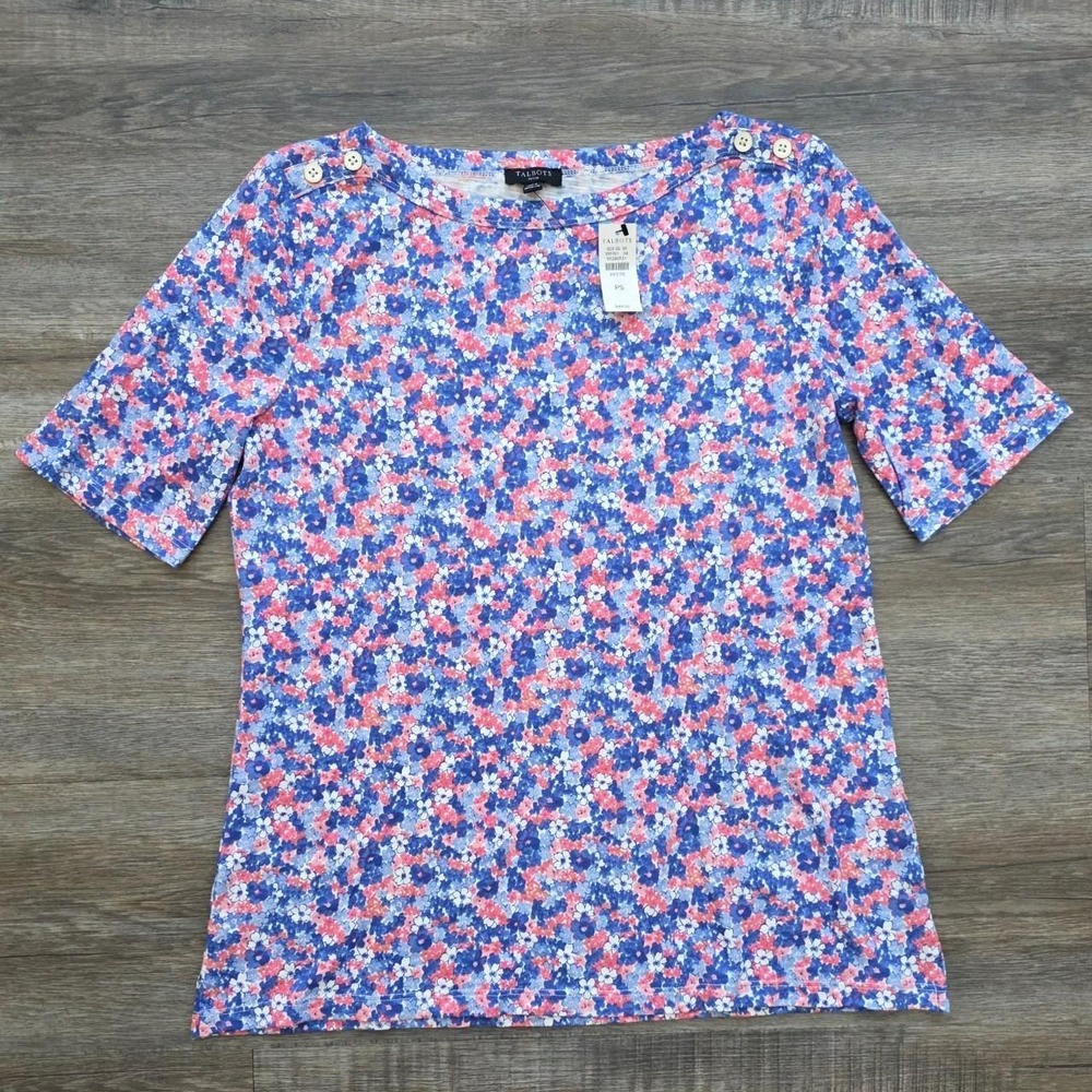 Talbots Pink Floral Boatneck Tee Gold Button Shoulder Petite Small NWT